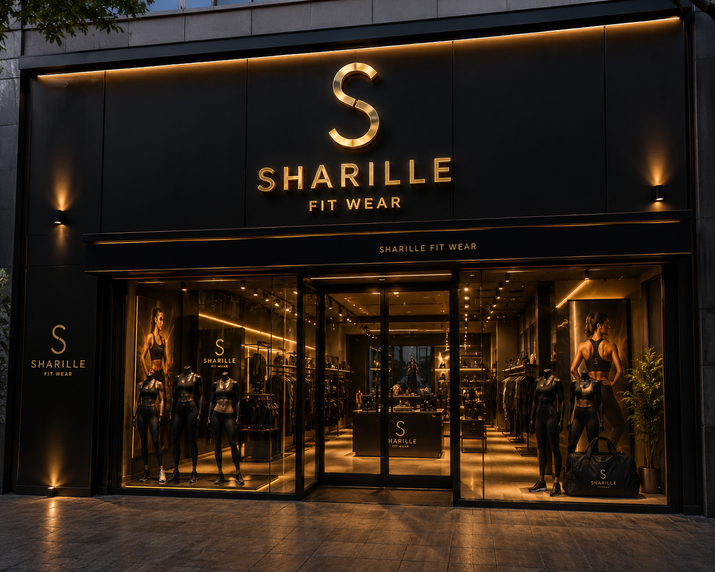 Fachada da loja Sharille Fit Wear com letreiro dourado iluminado