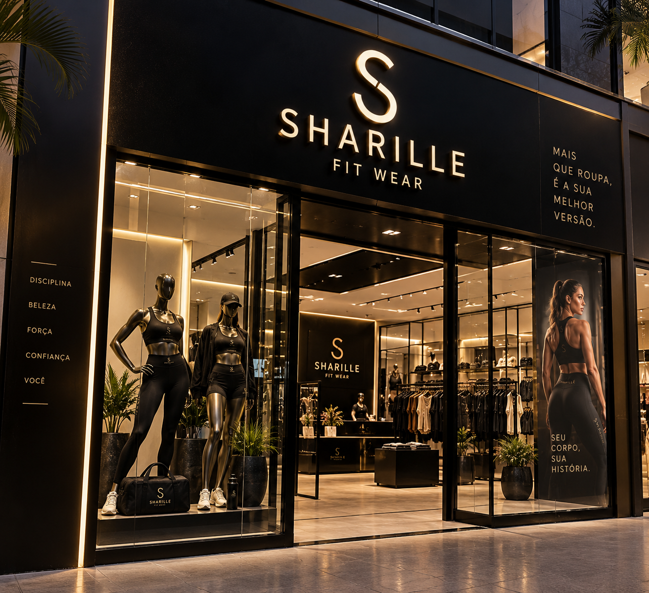 Vitrine da loja Sharille Fit Wear com manequins e peças da coleção